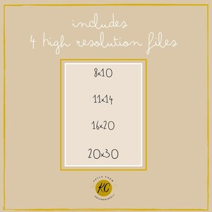 K&ouml;nnte beinhalten: Ein beiger Hintergrund mit einem wei&szlig;en Rechteck, das den Text "includes 4 high resolution files" enth&auml;lt, und einem kleineren wei&szlig;en Rechteck mit dem Text "8x10", "11x14", "16x20" und "20x30". Am unteren Rand des Bildes befindet sich ein Logo mit dem Text "KAYLA CHEW ENTERPRISES".