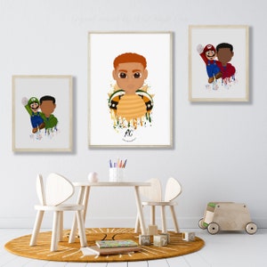 May include: Three framed prints featuring a cartoon character and a young boy. The prints are in a white room with a wooden table and chairs. The prints are on a white background with a colorful paint splatter effect. The first print features a cartoon character in a green suit and a green hat. The second print features a young boy with red hair and a yellow shirt. The third print features a cartoon character in a red suit and a red hat.