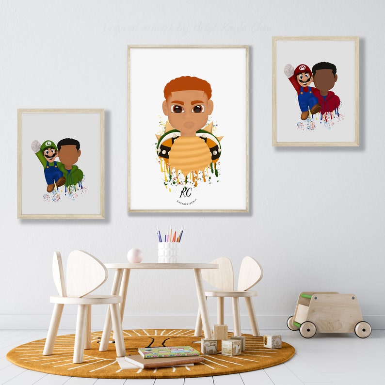 May include: Three framed prints featuring a cartoon character and a young boy. The prints are in a white room with a wooden table and chairs. The prints are on a white background with a colorful paint splatter effect. The first print features a cartoon character in a green suit and a green hat. The second print features a young boy with red hair and a yellow shirt. The third print features a cartoon character in a red suit and a red hat.