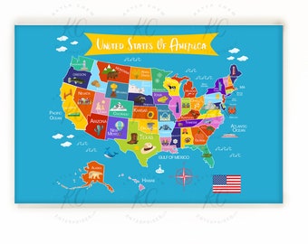 Printable United States of America Map, Homeschool, Classroom, Kids Room, USA map for kids, Unites States poster, Illustrated map print,