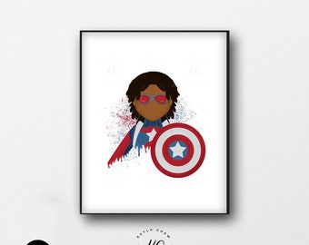 May include: Digital printable art featuring a cartoon illustration of a Black girl superhero wearing a red, white, and blue costume and holding a red, white, and blue shield with a white star. The background is a white splatter pattern.