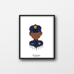 May include: A digital illustration of a police officer with a dark blue uniform and a gold badge. The officer's face is brown and the background is white. The text "Mrs. Sugar Sayers PRINTS" is at the bottom of the image.