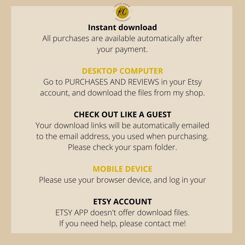 May include: A graphic with instructions on how to download digital files purchased on Etsy. The graphic includes the text "Instant download", "Desktop Computer", "Check Out Like A Guest", "Mobile Device", and "Etsy Account".