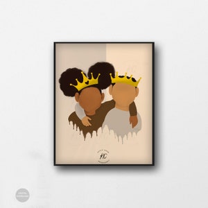 Young King and Young Queen, Brother and Sister Art Printable, Afro Art, Printable Wall Art, African American Illustration, Siblings Room,