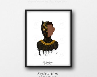 May include: Black and gold digital art print of a young boy with half of his face covered by a Black Panther mask. The print has a dripping paint effect and the text "Ms. Sygna Sayyor Prints" and "Kayla CHEW ENTERPRISES" at the bottom.