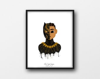 May include: A digital illustration of a young boy with half of his face covered by a black panther mask. The mask is gold and black with a leopard print design. The boy is wearing a black and gold costume with a black background. The text "Ms. Super Sawyer PRINTS" is at the bottom of the image.