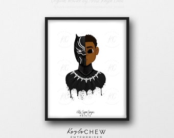 May include: Black and white digital illustration of a young boy with half of his face painted as Black Panther. The illustration is in a dripping style, with black paint dripping down the sides. The text "Ms. Sya Saiyor Prints" and "Kayla CHEW ENTERPRISES" are at the bottom of the image.