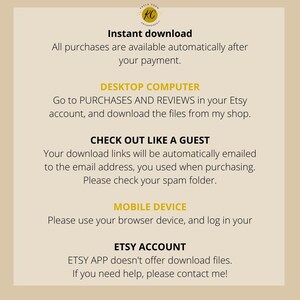 May include: A graphic with instructions on how to download digital files purchased on Etsy. The graphic includes the text "Instant download", "Desktop Computer", "Check Out Like A Guest", "Mobile Device", and "Etsy Account".