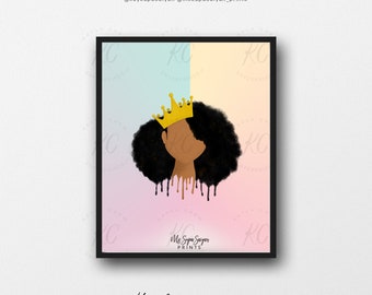 Young Queen Art Printable, Princess, African American Art, Printable Wall Art, African American Illustration, Girls Room, Black Girl Magic