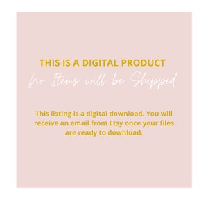 K&ouml;nnte beinhalten: Eine rosa digitale Download-Ank&uuml;ndigung mit dem Text "THIS IS A DIGITAL PRODUCT No Items will be Shipped" in Gelb. Der Text darunter erkl&auml;rt, dass es sich um einen digitalen Download handelt und der K&auml;ufer eine E-Mail von Etsy erh&auml;lt, sobald die Dateien zum Download bereit sind. Am unteren Rand des Bildes befindet sich die Website-Adresse "KAYSUPASAIYAN.COM" in Gelb.