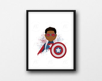 Sam Wilson Inspirierter Captain America Print, Druckbare Kunst, Schwarzer Junge, Afro-Kunst, Afro American Art, Superheld Illustration, Wandkunst