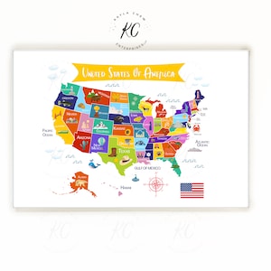 Printable United States of America Map, Homeschool, Classroom, Kids Room, USA map for kids, Unites States poster, Illustrated map print