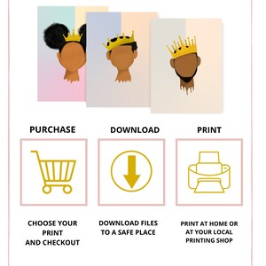 K&ouml;nnte beinhalten: Ein digitaler Download von drei druckbaren Kunstdrucken mit Illustrationen eines schwarzen M&auml;dchens und Jungen, die goldene Kronen tragen. Die Drucke sind in einer Pastellfarbpalette gehalten und haben einen tropfenden Farbeffekt. Der Text auf dem Bild lautet "Kaufen, Herunterladen, Drucken".