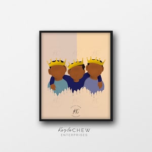 Three Young Kings (Brothers) Art Printable, Brother Afro Art, Printable Wall Art, African American Illustration, Boys Room, Black Boy Joy