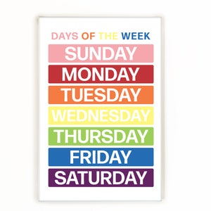 May include: A colorful poster with the days of the week written in white text on a rainbow background. The days of the week are: Sunday, Monday, Tuesday, Wednesday, Thursday, Friday, and Saturday.