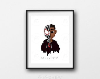 May include: A framed print featuring a cartoon illustration of a young man with half of his face as Spider-Man. The background is white with the text "Take a leap of faith".