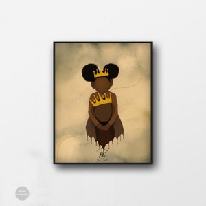 May include: Digital art print of a Black girl with a crown on her head holding a baby with a crown on its head. The background is a light brown with gold accents.