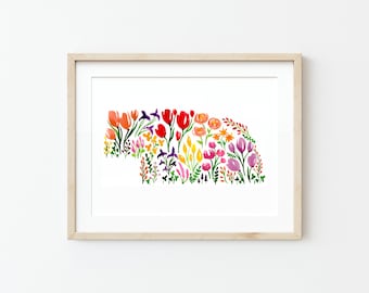 Nebraska Wildflower Watercolor Art Print: Floral State Map