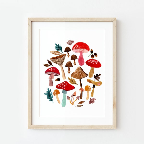 Mushrooms Watercolor Painting, Fungi Wall Art, PNW, Pacific Northwest, Cozy Cabin, Art Print, Cottage Core Painting, Watercolor