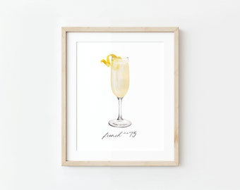 French 75 Watercolor Painting, French 75 Cocktail Art, Champagne Art, Gin Drink, Cocktail Hour, Art Print, Watercolor Cocktail, Gin Cocktail