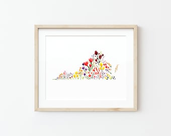 Virginia Wildflower Watercolor Art Print: Floral State Map