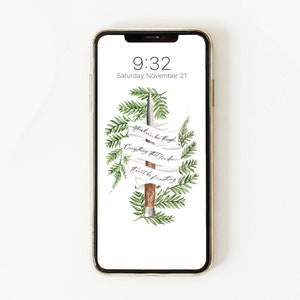 May include: A phone screen with a watercolor illustration of a knife surrounded by green foliage. The knife has a white ribbon wrapped around it with the text "Attainable but through Everything that I've done Heart be firsting".