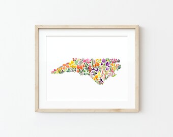 North Carolina Flower Map: Watercolor Art Print