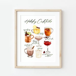 Christmas Cocktails Painting, Holiday Cocktails Artwork Print, Mixologist, Gift, Libations, Watercolor, Signature Cocktail, Cocktail Artwork