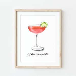 Cosmopolitan Watercolor Painting, Cocktail Art, Cosmo Artwork, Cocktail Hour, Art Print, Watercolor Cocktail, Vodka, Cointreau, Citron