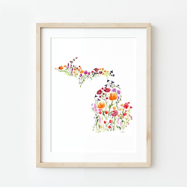 Michigan Floral Watercolor Print, Flowers Artwork, Wildflower Painting, Michigan State, Upper Peninsula, UofM, Floral, Watercolor Art