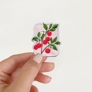 May include: A rectangular embroidered patch featuring a light pink background with a branch of bright red cherries, green leaves, and small white blossoms. The patch has a silver-colored stitched border and a rounded top edge.