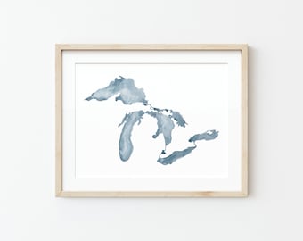 Great Lakes Watercolor Painting, Lake Michigan, Watercolor, Watercolor Print, Michigan, Artwork, Michigan State, University of Michigan
