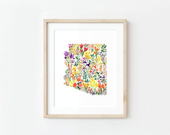 Floral Arizona Watercolor Art Print: State Map Home Decor
