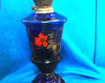 cobalt blue oil lamp with flowers ornament, retro blue oil lamp in exellent vintage condition!Hand-made pattern oil lamp