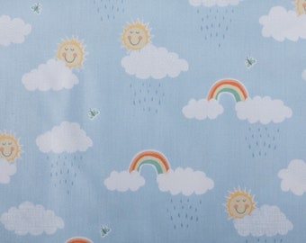 Spring Cotton baby quilt fabric, rainbows and clouds fabric for nursery, countdown to sweet dreams clouds blue.