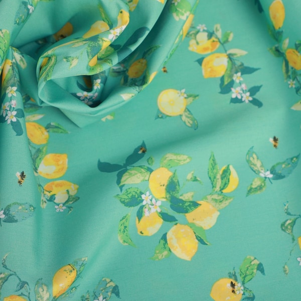 Lemons on teal cotton Art Gallery Fabric by the yard, Limoni per Granita AGF Premium Cotton, Spring Floral Apparel Fabric, Quilters Fabric.