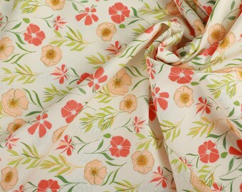 Apparel cotton fabric, Dress Fabric by the yard, Art Gallery Premium Cotton, Retro vibrant wildflowers light cotton Fabric.