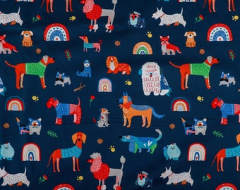 Whiskers & Tails cotton fabric by Robert Kaufman, Dog print fabric in navy.