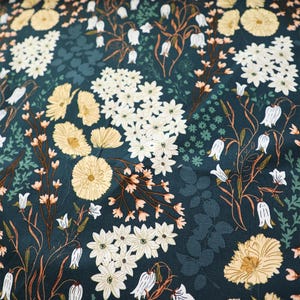 Botanical Print Canvas Fabric: Bluebells & Buttercups, Dark Floral Upholstery.