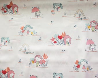 Girls and Flowers Cotton Fabric, Quilting Apparel Fabric by the Yard.