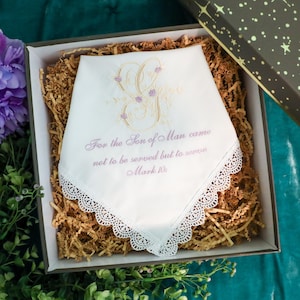 Embroidered Lace Handkerchief: Personalized Initial & Bible Verse Gift.
