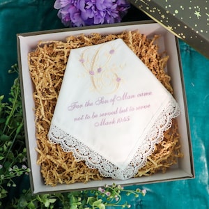 Embroidered Lace Handkerchief: Custom Initial & Bible Verse, Christian Gift.