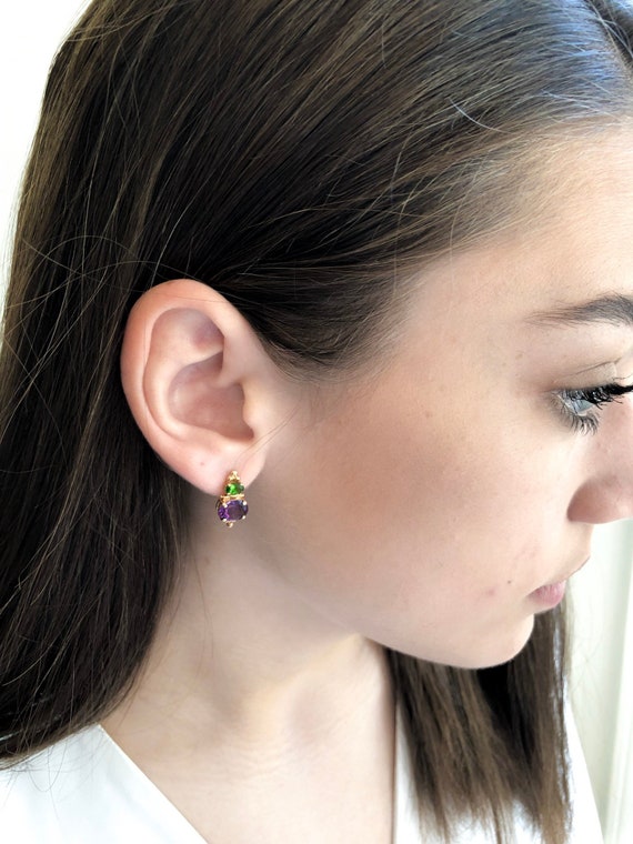 Gold Amethyst & Emerald Earrings