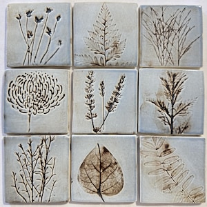 Botanical Collection, Wildflowers and Grasses, Set of 9, Handmade Ceramic Tiles, 4" x 4"