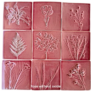 May include: Nine square, rose-colored ceramic tiles with embossed botanical designs. The tiles feature various floral and plant motifs, including a fern, flowers, and grasses. The text "Rose without oxide" is at the bottom of the image.