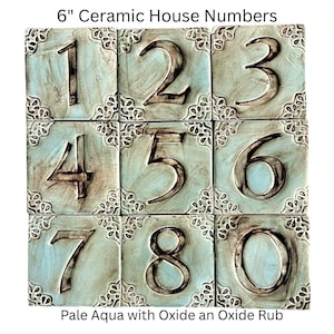 Address Numbers 6"x6"Ceramic Tile in Pale Aqua with an Oxide Rub.