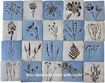 May include: A collection of square ceramic tiles with embossed botanical designs. The tiles alternate between a light blue and off-white background, with various floral and plant motifs in brown. The text "Blue Babe & Natural with oxide" is visible.