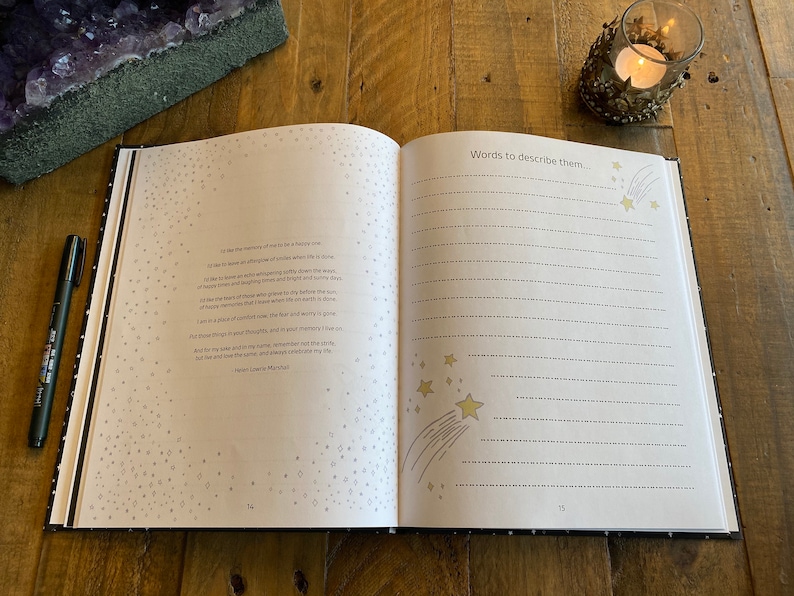May include: An open book with a white background and black lines. The left page has a poem about memories and the right page has the title "Words to describe them..." with lines for writing. The pages are decorated with small stars and a shooting star.