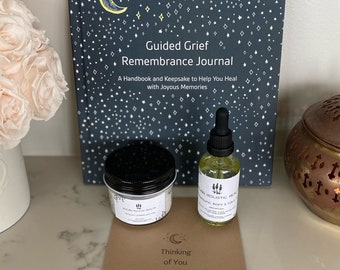 Grief Box- Guided Grief Remembrance Journal, Therapeutic Body & Face Oil, Therapeutic Lavender Bath Soak, Personalized Thinking Of You Card