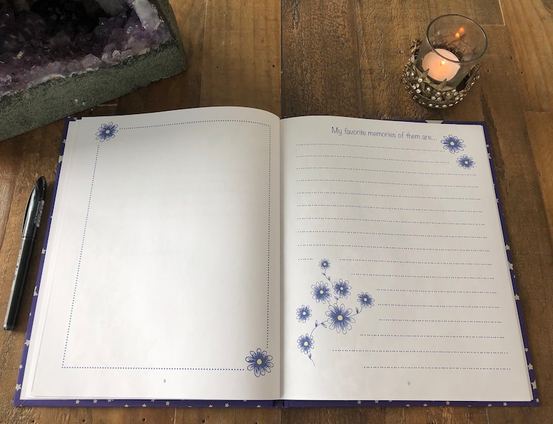 May include: An open journal with a white interior and a blue and white floral design on the cover. The text "My favorite memories of them are..." is printed on the right page.